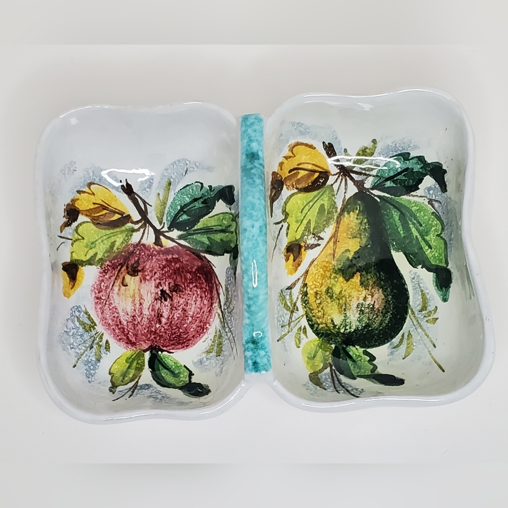 Double Bowl Pear/Apple Appetizer, Etc. Ceramic Dish: KBNY Italy - Like New